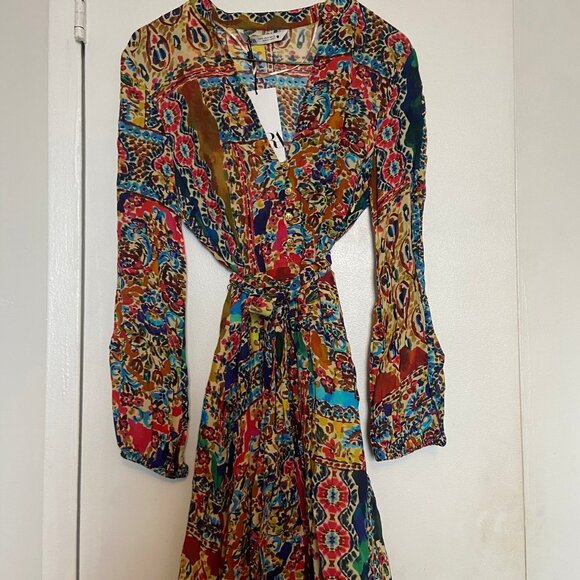 Zara Multicolour Paisley Boho Fit & Flare Long Sleeve Mini Dress with Belt - S - Picture 2 of 3